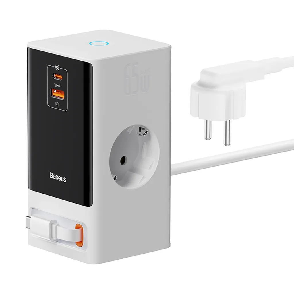 Baseus PowerCombo Ladestasjon 65W 1.5m 2 x EU + USB-A + USB-C – Hvit v:4379762