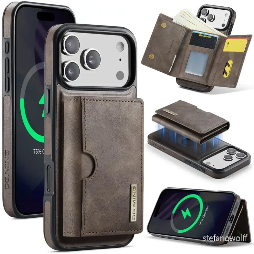 DG.MING iPhone 18 Pro/17 Pro Deksel med Magnetisk Lommebok – Brun v:2885687