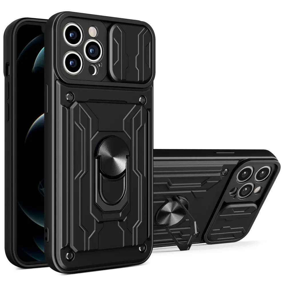 IPhone 14 Pro deksel med en kortholderen og en ringholder – Svart v:1597453