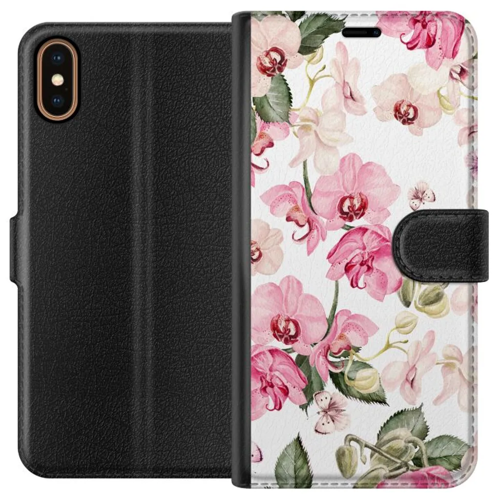 Apple iPhone XS Sort Lommebokdeksel Rosa blommor v:7353448