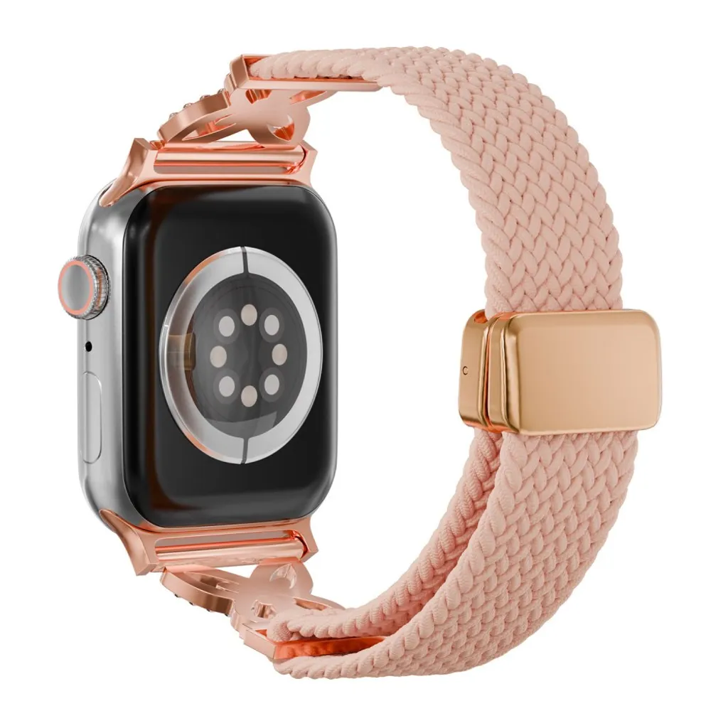 Apple Watch 49/46/44/42mm Flettet nylon klokkerem med rhinstener – Rosa v:8154401