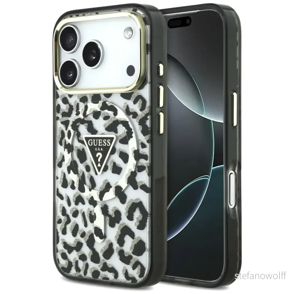 Guess Leopard Glitter Triangle Logo MagSafe Deksel til iPhone 17 Pro/18 Pro – Svart v:7054722