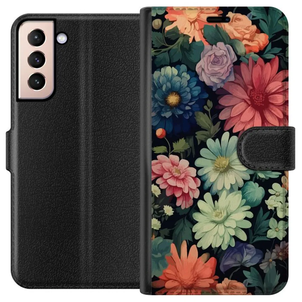 Samsung Galaxy S21 Sort Lommebokdeksel Färglada blommor v:2500312