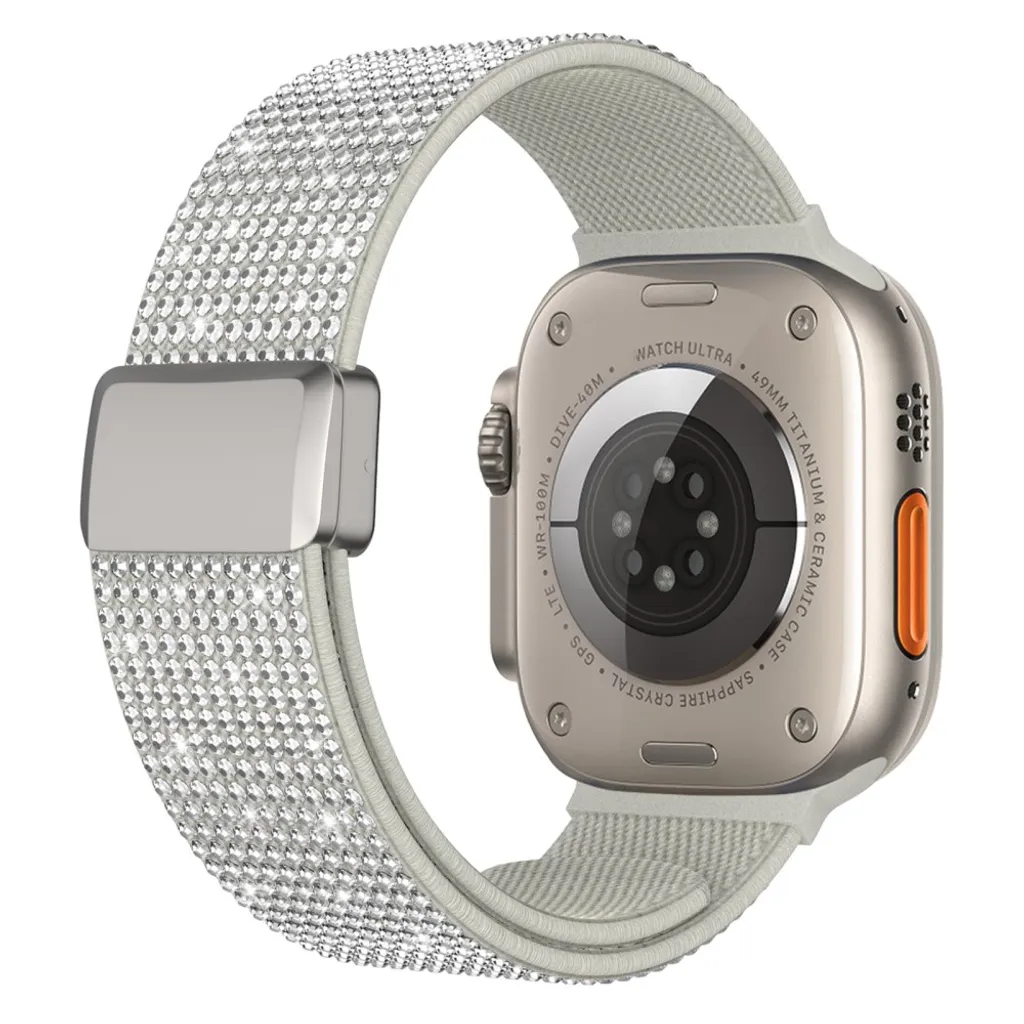 Apple Watch 42/41/40/38mm Klokkereim i nylon med strass – Sølv v:8219557